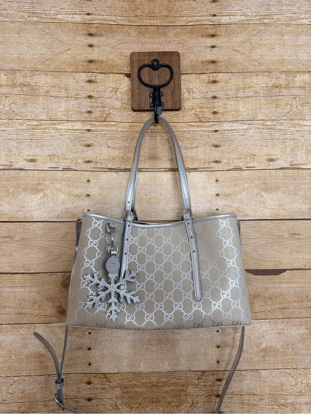 Gucci GG Emblem Medium Tote w/ Snowflake Bag Charm